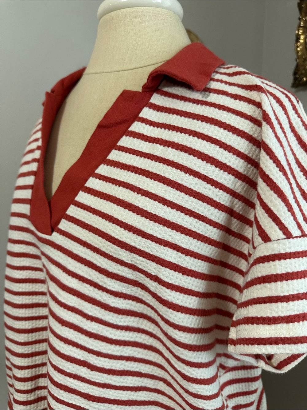 Madewell Red and Cream Striped V-Neck Polo - Picture 5 of 7